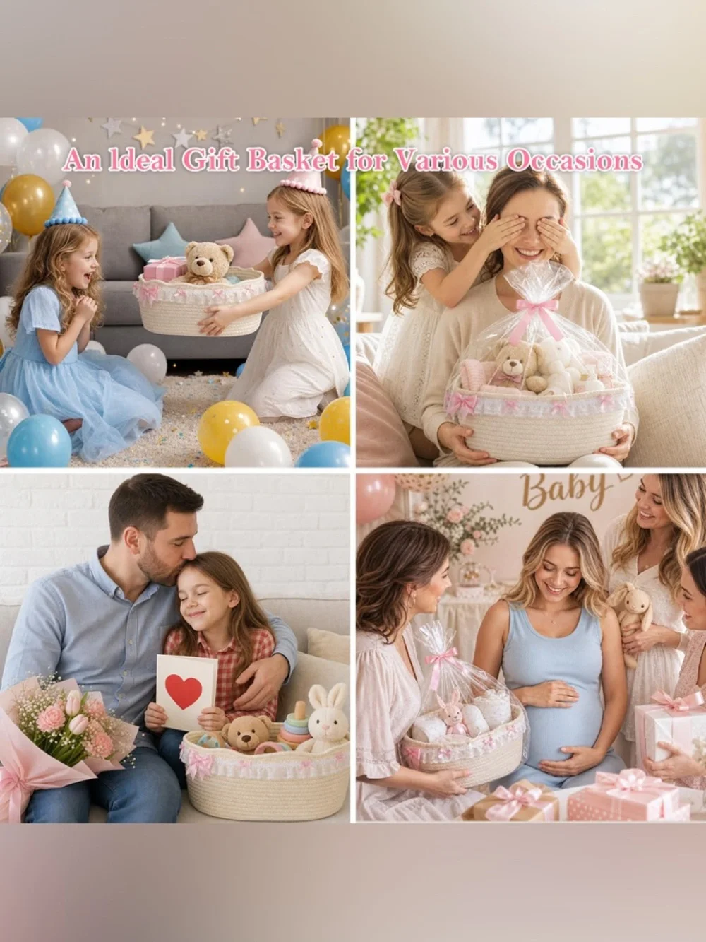 Decorative Pink Ribbon Cotton Rope Gift Basket with Bag & Ribbon